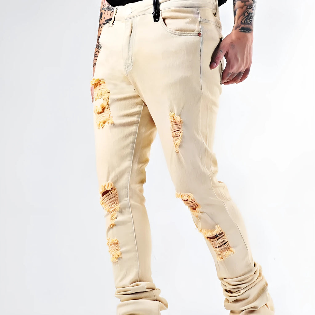 Elastic Youth Heavy Duty Flare Jeans in apricot cotton stretch denim with medium high waist and stone washed finish on model