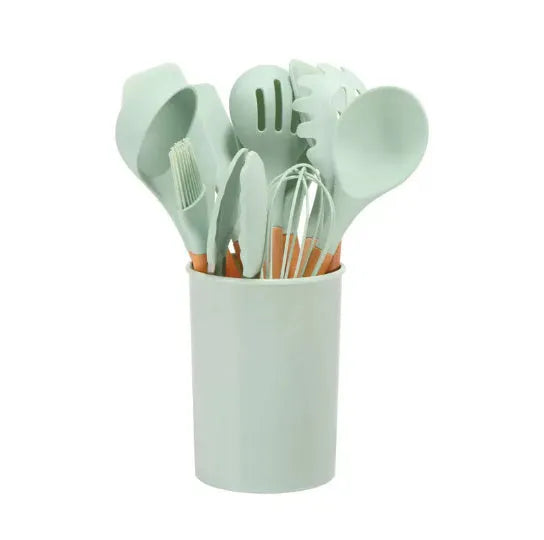 12-piece silicone kitchenware set with wooden handles in modern simplicity style, assorted colour box packaging