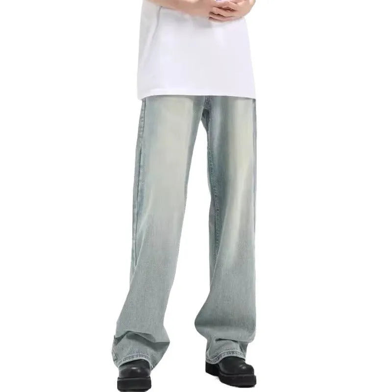 Blue loose-fit retro casual trousers made from high-elasticity rabbit fur fabric on a size chart.
