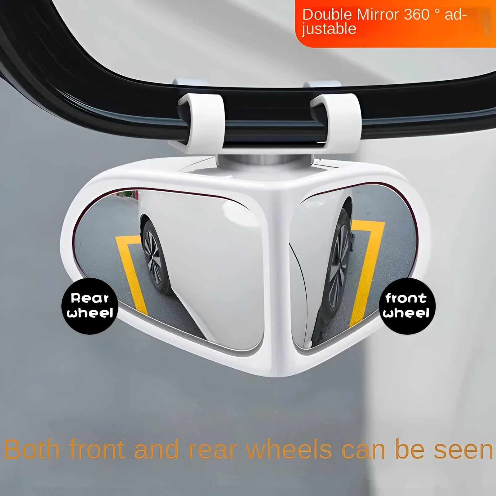 A pair of small, round, adjustable wide-angle car auxiliary mirrors on a black ABS plastic shell.