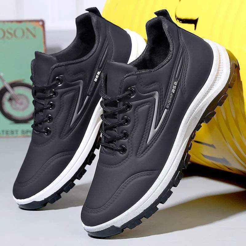 Black and grey waterproof leisure sports shoes with soft plastic soles and pointed-toe design
