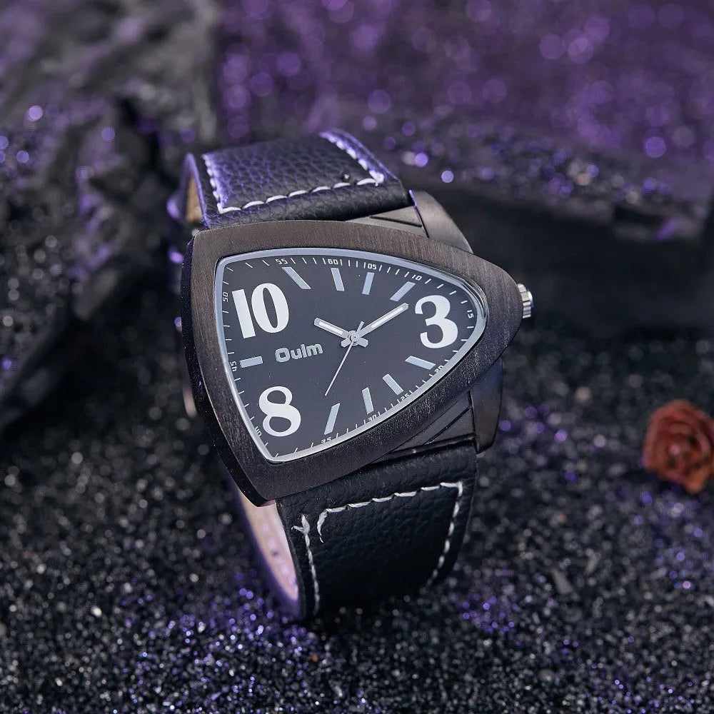 Men's slim casual watch with a triangle belt strap, shown in brown, black, and blue colour options.