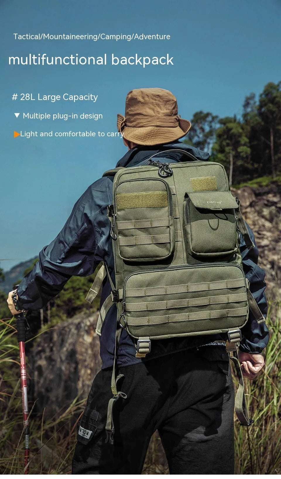 Army green tactical backpack with 17 inch size showing wear-resistant nylon construction