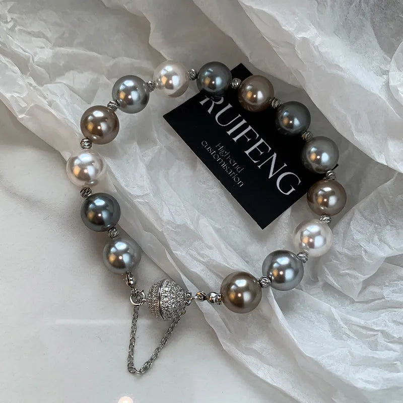 Silver gray magnetic buckle bracelet for women, electroplated finish, geometric shape, copper and plastic materials, RF1034 Silver colour