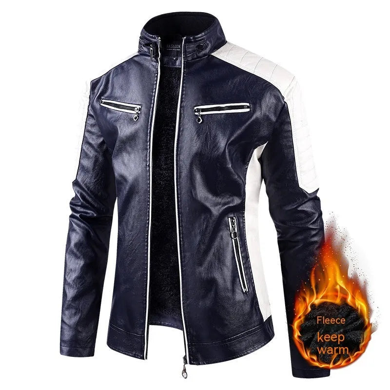 Men's PU leather coat with fleece lining, zipper pockets, retro straight hem, available in multiple colours
