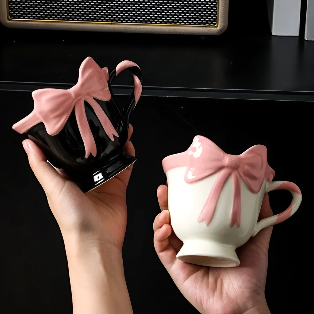 Original design ceramic mug with heart bow shape in White Powder or Black Pink colour, 301-400ml capacity