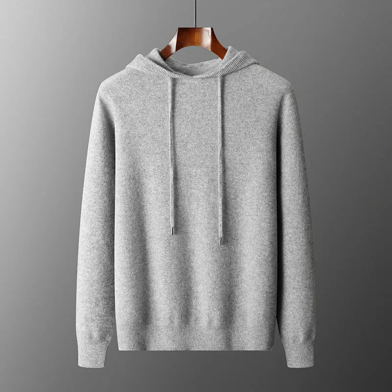 Men's light grey cashmere hooded sweatshirt and trousers set for winter leisure wear.