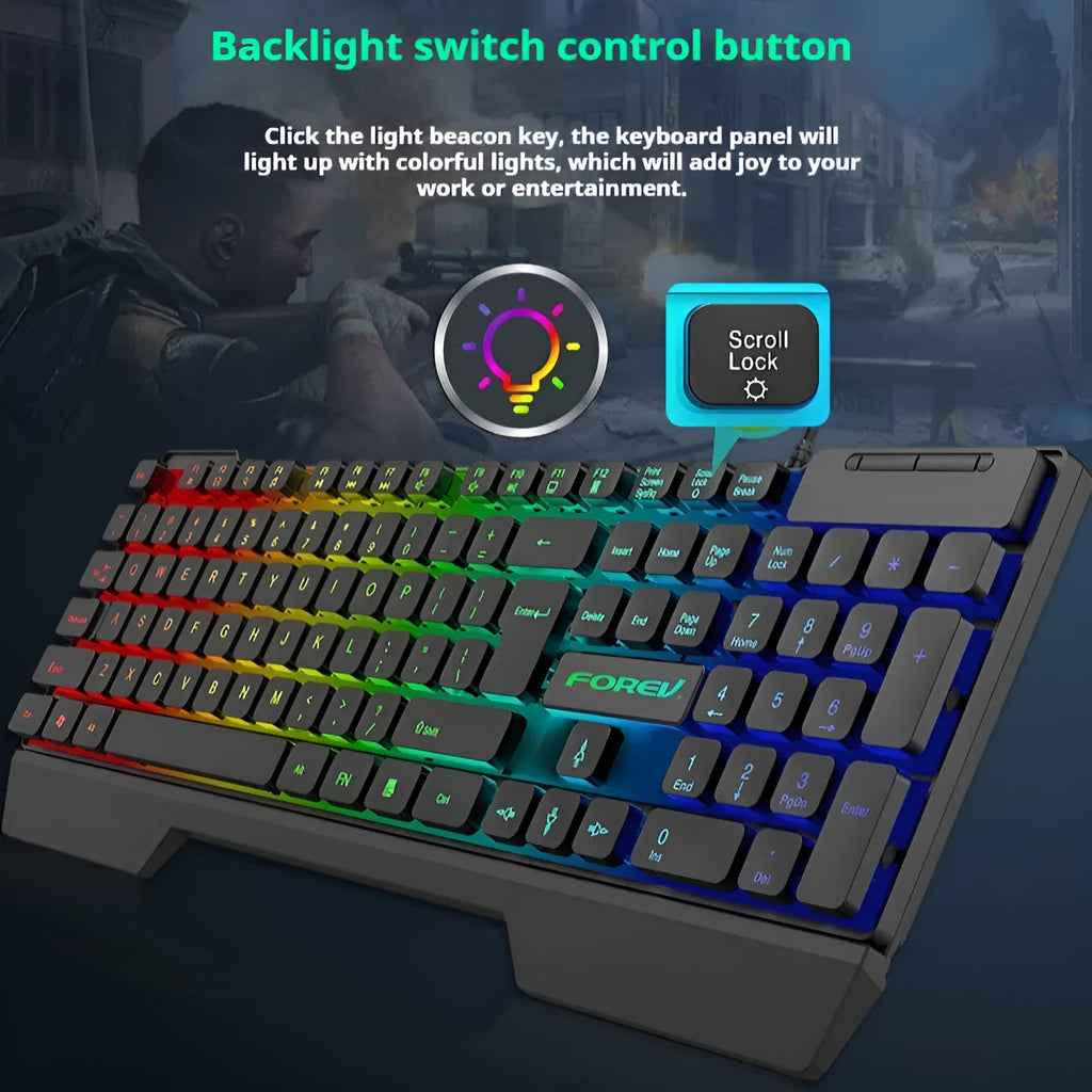 Wired luminous keyboard with six-colour backlight, full black finish, 440x130x30mm, for desktop and notebook computers