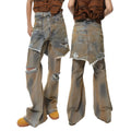 Women's loose-fit light blue bootcut denim jeans with a high waist and button fly.
