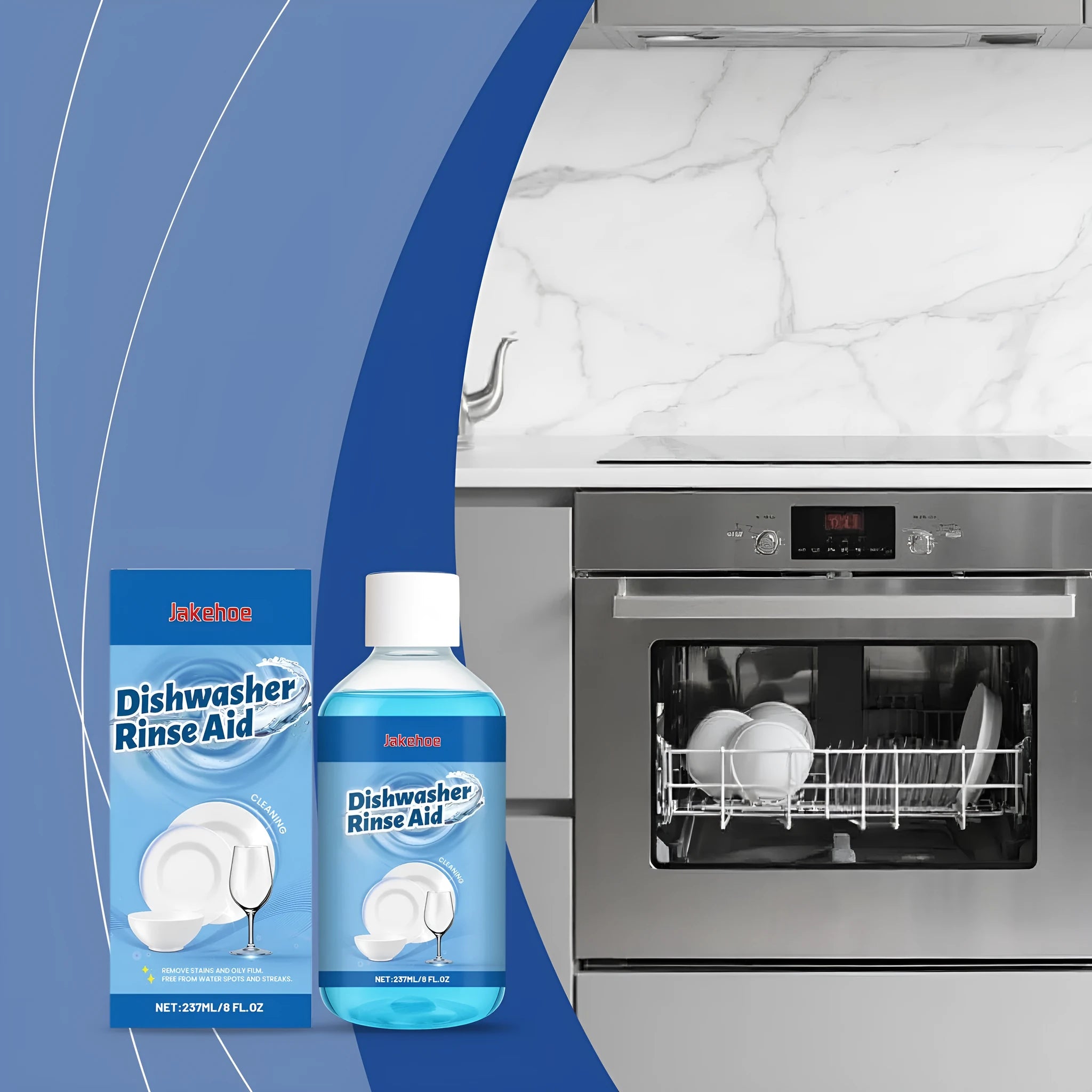 237mL bottle of dishwasher detergent cleaner for grease and stains on plates and kitchenware.