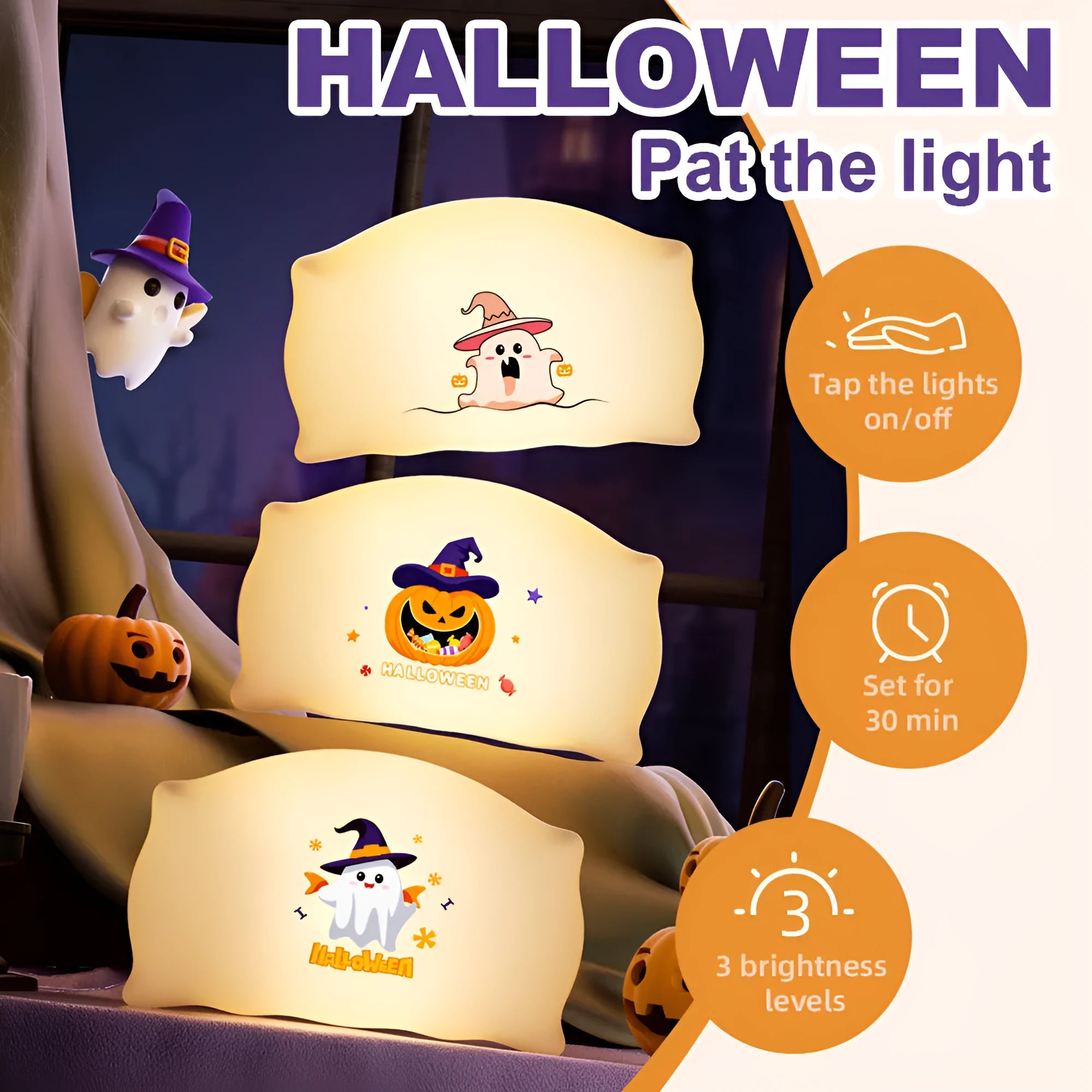 Halloween doll table lamp with USB-C charging port and warm light emission