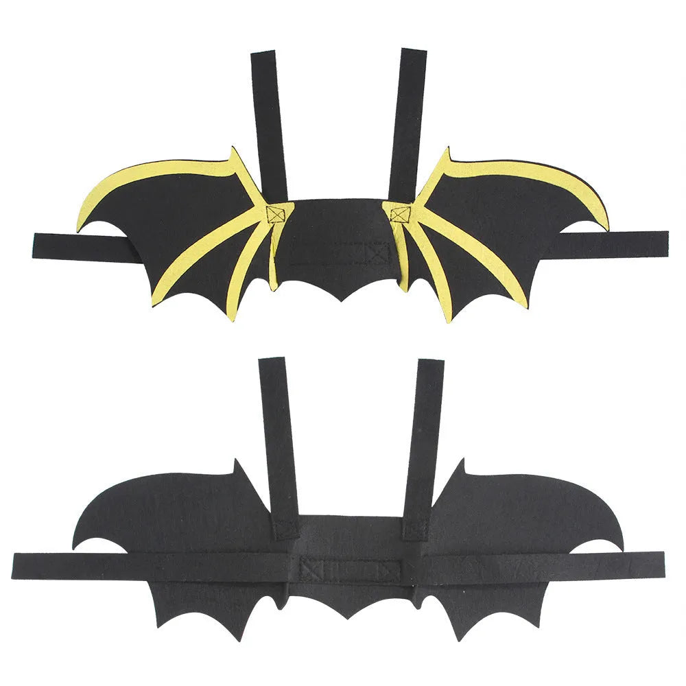 Cloth dog or cat costume with printed bat wings and optional bell, available in sizes S, M, and L.