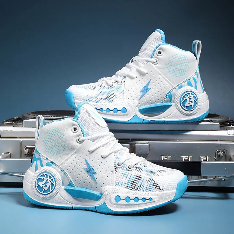 Children's mesh non-slip basketball shoes, breathable upper, rubber sole, sizes 31-45, front lace-up fastening