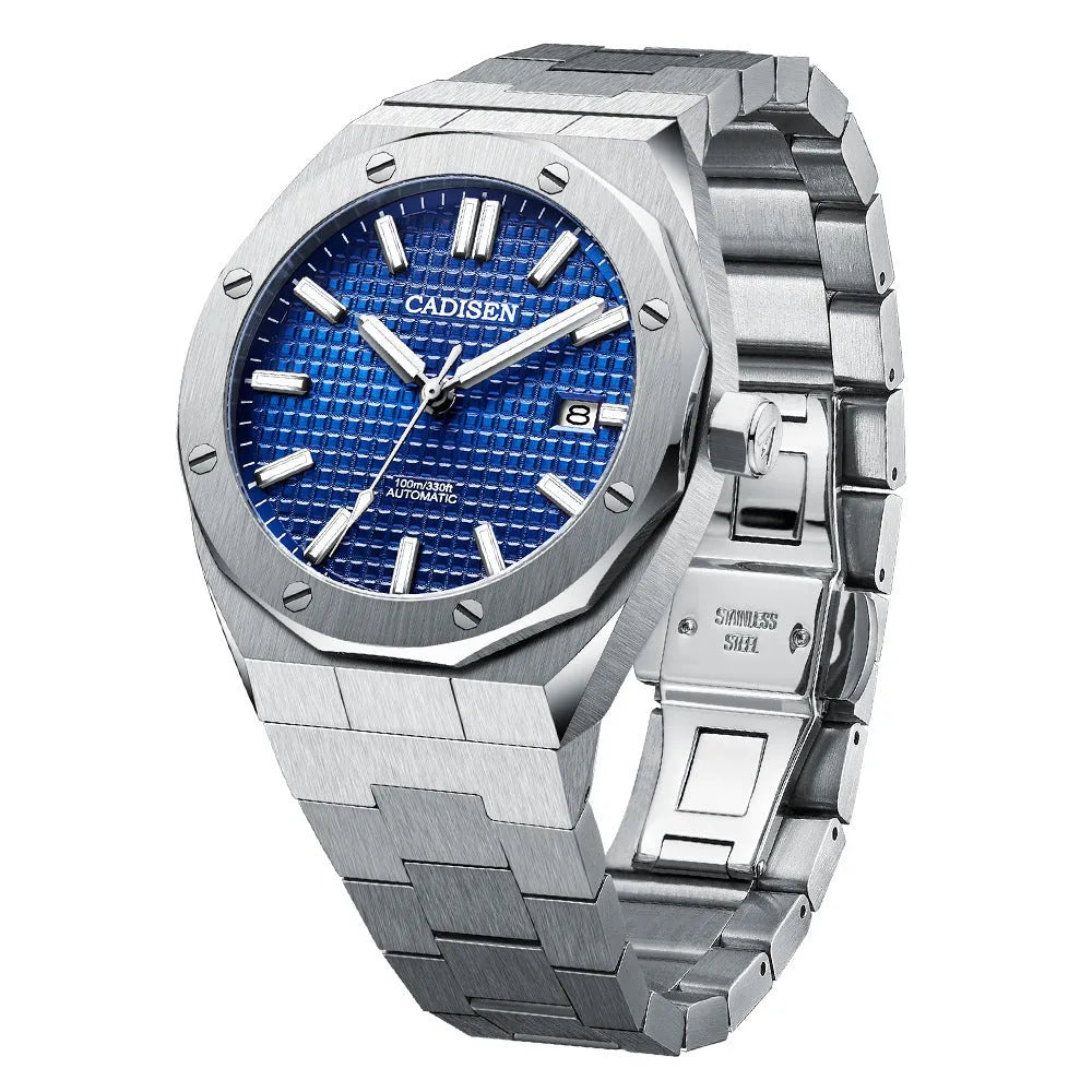 Men's NH35 mechanical watch with stainless steel strap, sapphire crystal glass, and grey meteorite dial, 100m water resistant