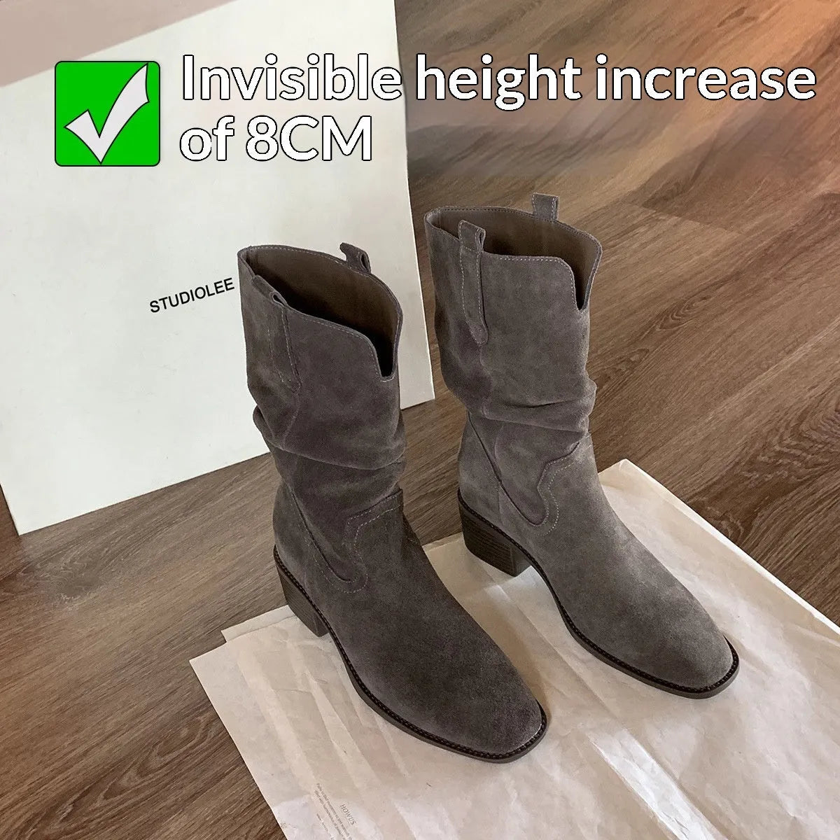 Women's 8cm chunky heel ankle boots in khaki with round toe, slip-on style, and high shaft design