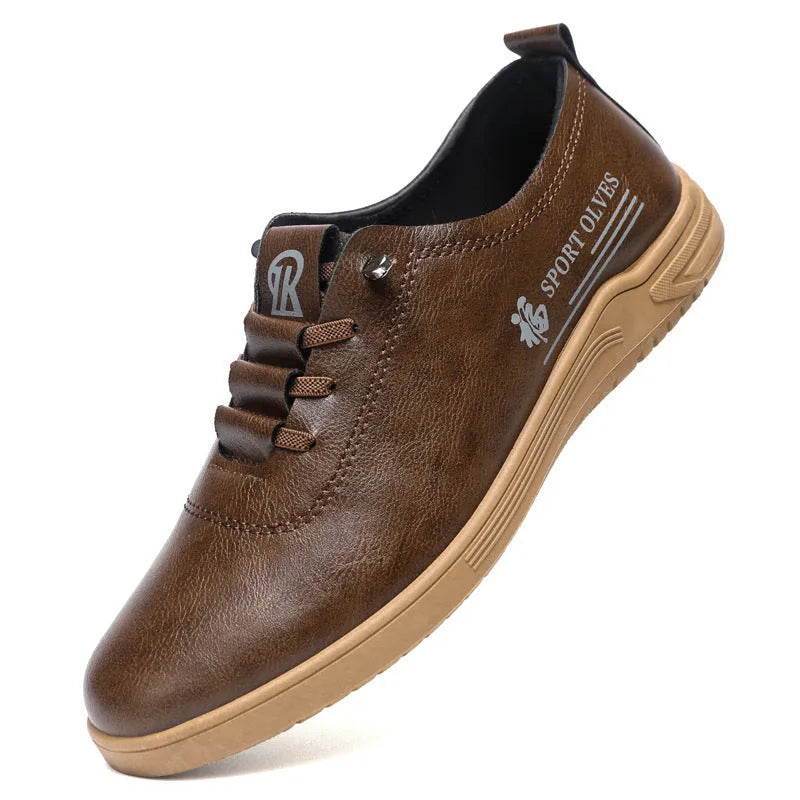 Men's lace-up casual shoes in white, brown, or black with flat heel, round toe, PU upper, PVC sole, sizes 39-45