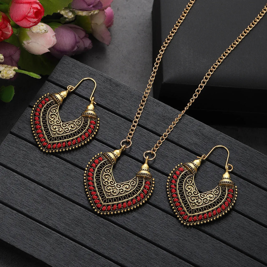 Rope winding heart-shaped earrings and matching necklace set with electroplated alloy pendants, shown in one of five colours