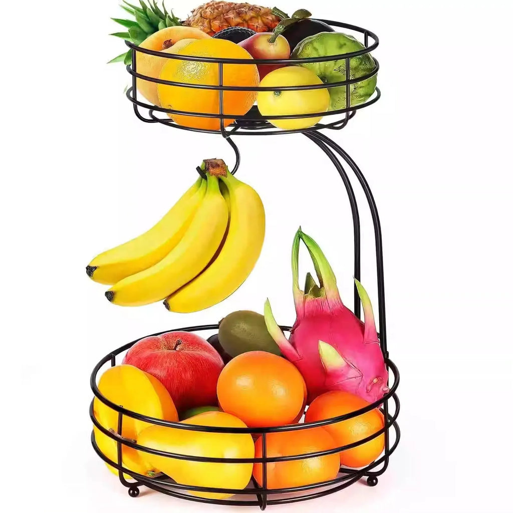 Black and gold wrought iron double-layer fruit and vegetable storage basket