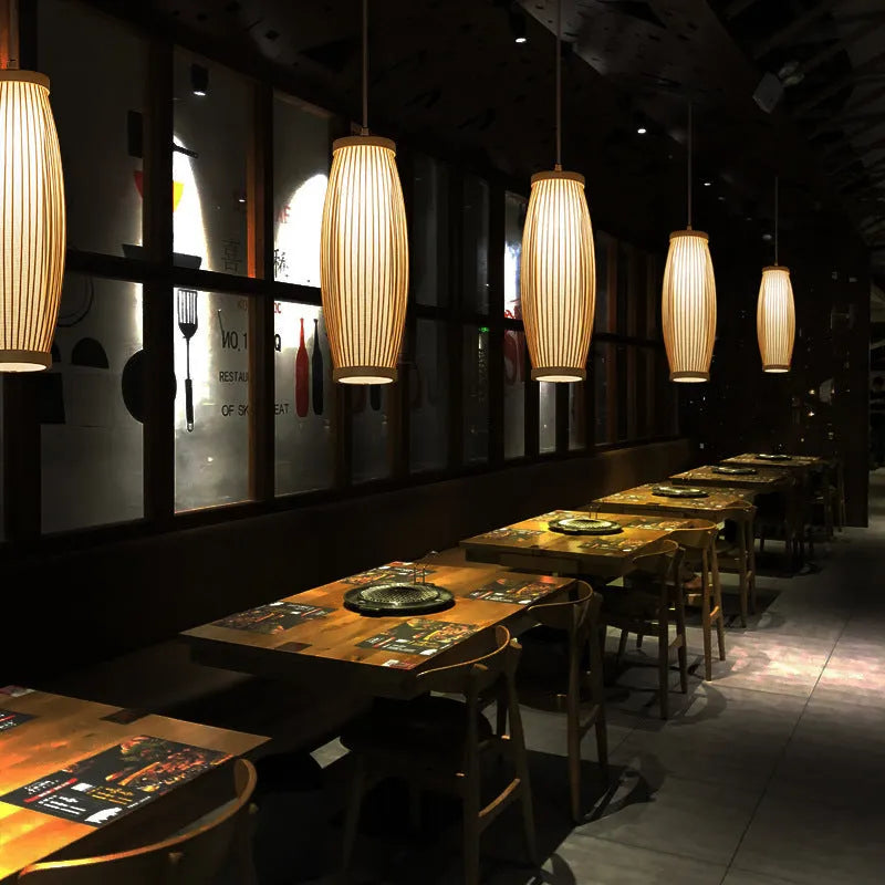Bamboo woven dining room lantern chandelier New Chinese style with warm and white LED 300mm