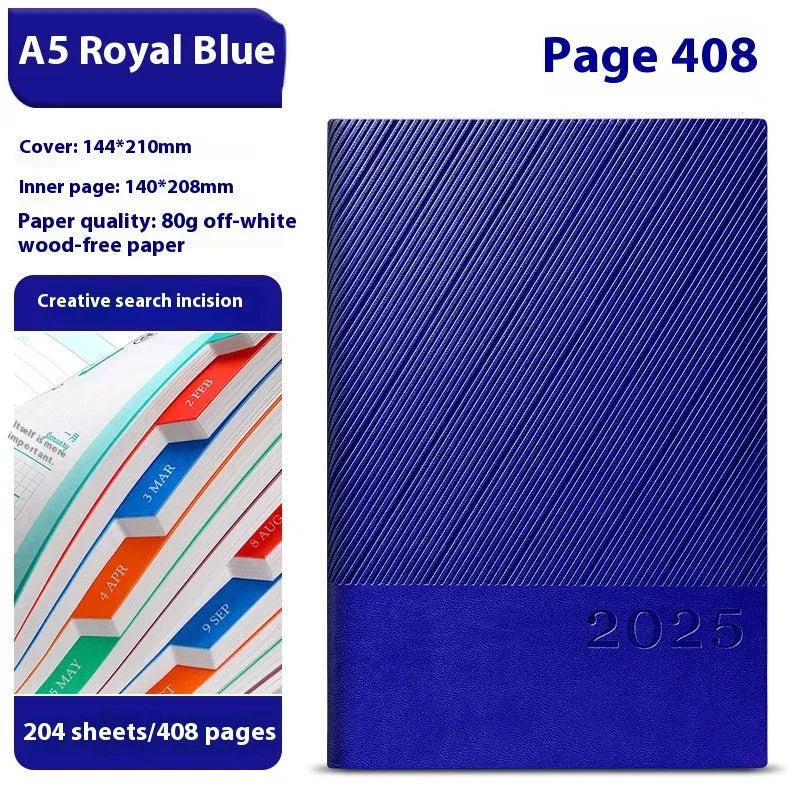 A4 notepad with striped PU leather cover open on 80g paper, showing 408 pages.