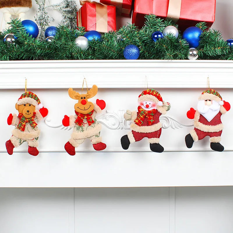 Christmas tree ornaments set with Santa, snowman, reindeer and bear figures in red and white scarves, golden balls and red bows.