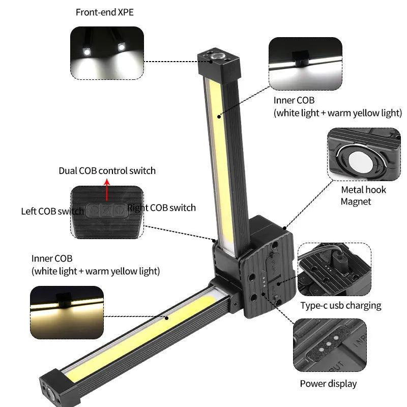 Double-sided foldable maintenance light with COB LEDs, aluminium alloy body, and Type-C charging port