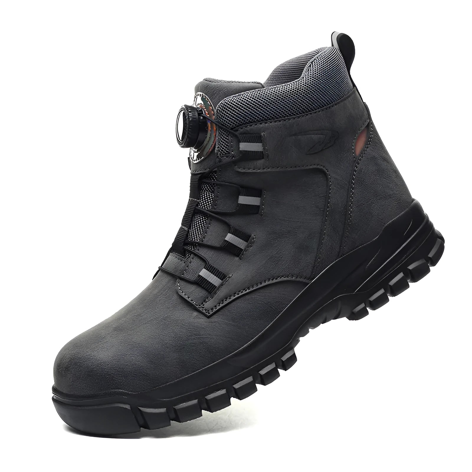 Leather safety work shoes with rubber sole, shown in black colour