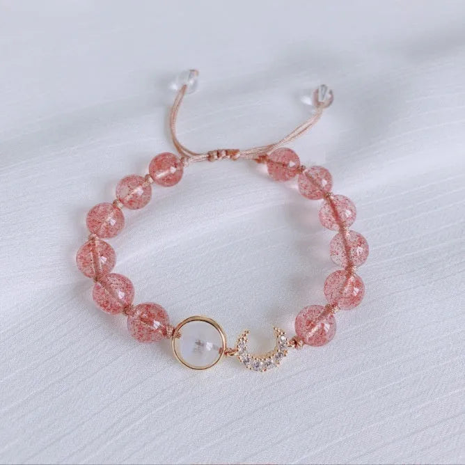 Handmade strawberry quartz crystal bracelet for girls with natural crystal beads and moon charms