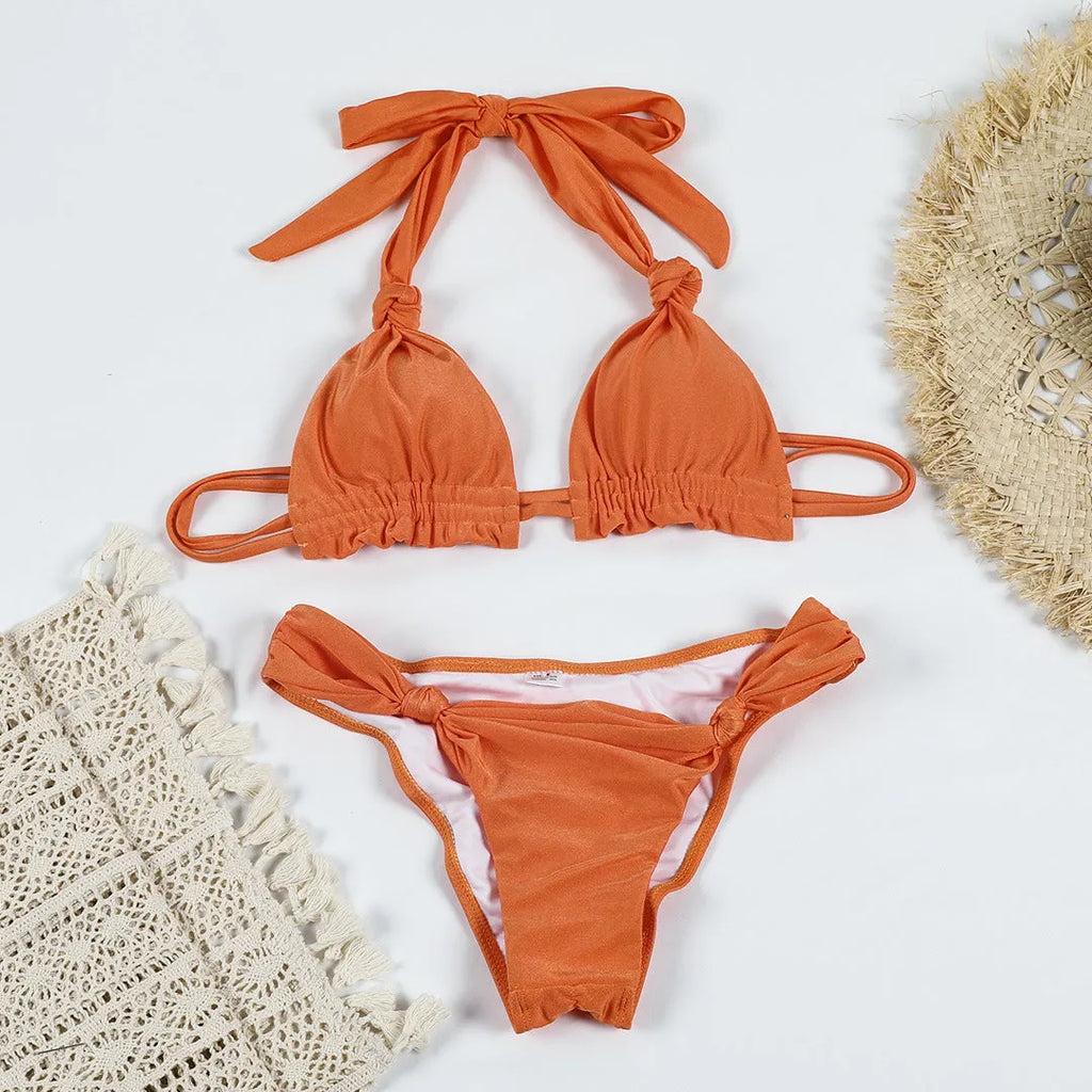 Women's knotted banded bikini set in solid colour, green or orange, sizes S M L, high elasticity polyester lining.