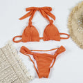 Women's knotted banded bikini set in solid colour, green or orange, sizes S M L, high elasticity polyester lining.
