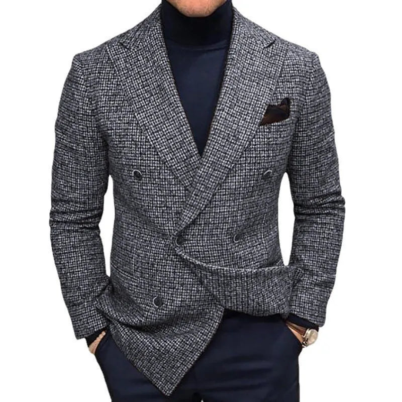 Men's loose casual plaid jacket in gray with side pockets, knitted polyester fabric, slim fit