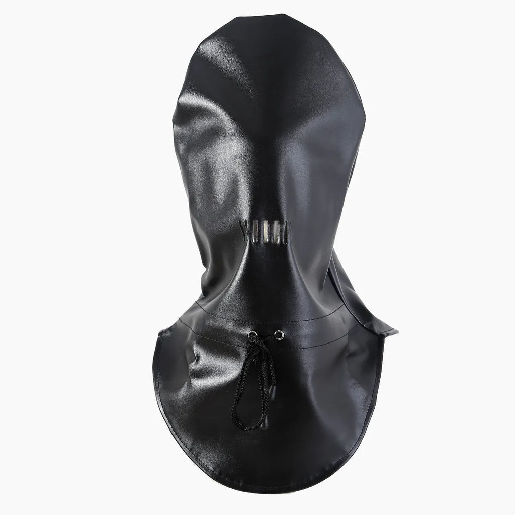 Black leather breathable training mask with adjustable fastenings for bondage roleplay