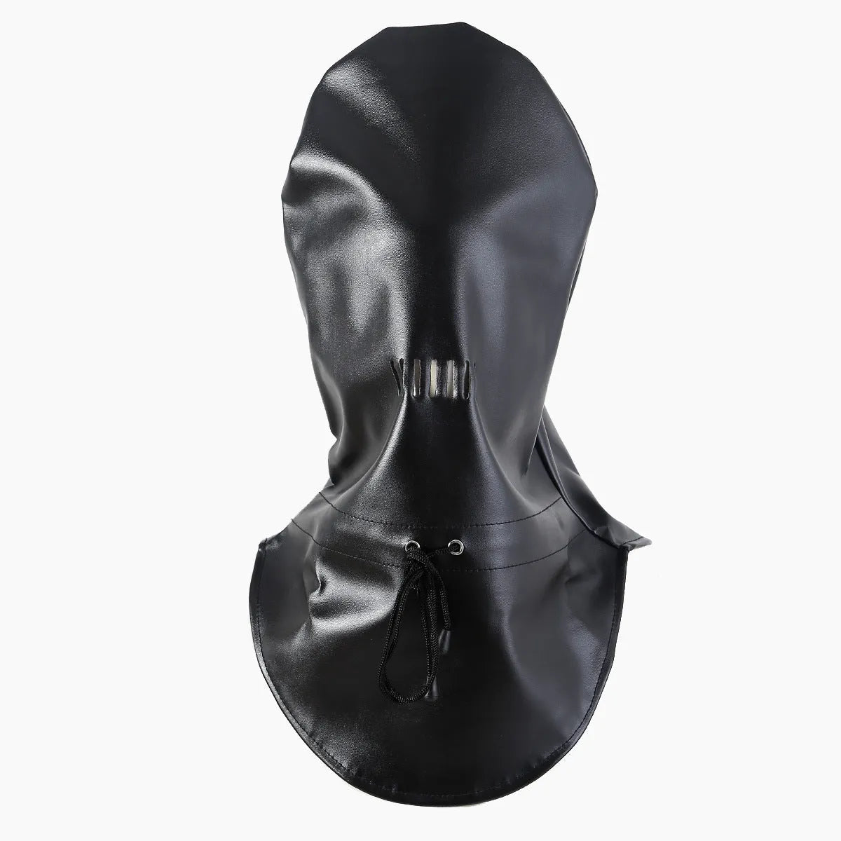Black leather breathable training mask with adjustable fastenings for bondage roleplay