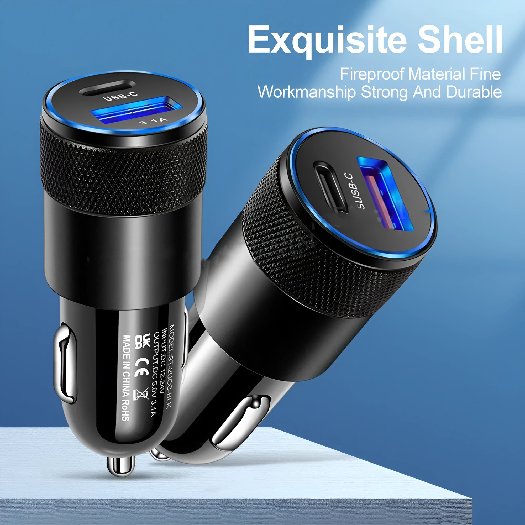 Aluminium alloy car charger showing compact 2.5x6cm dimensions with 12V input for vehicle use