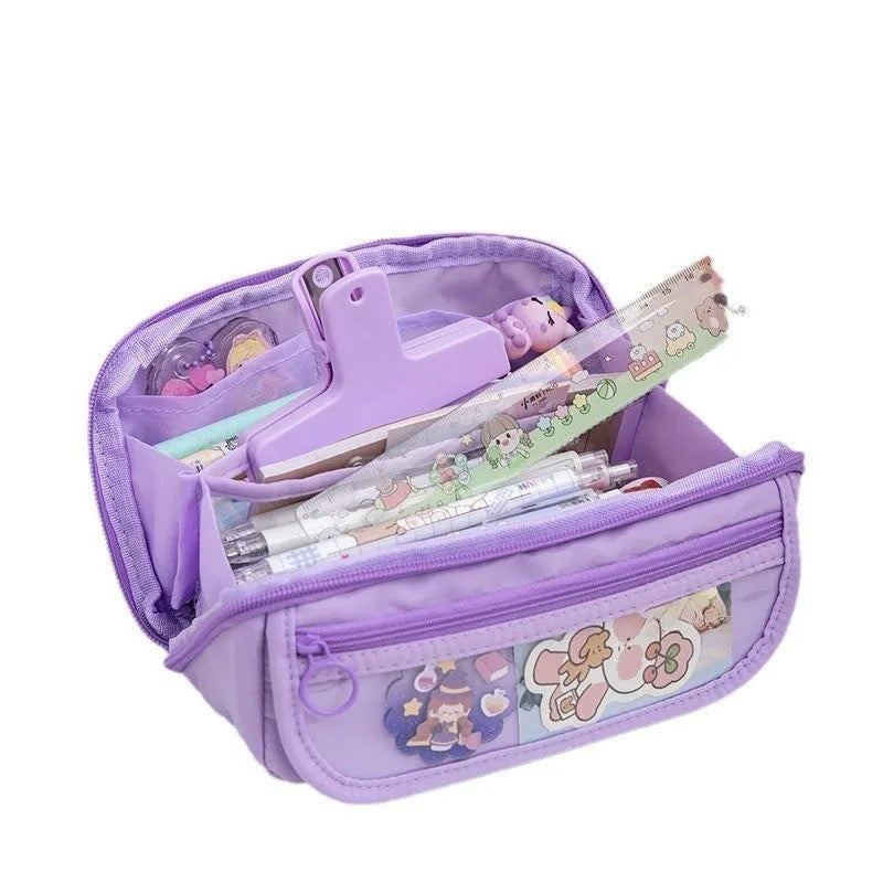 Korean style canvas pencil case with ten-layer flip design shown in various colours