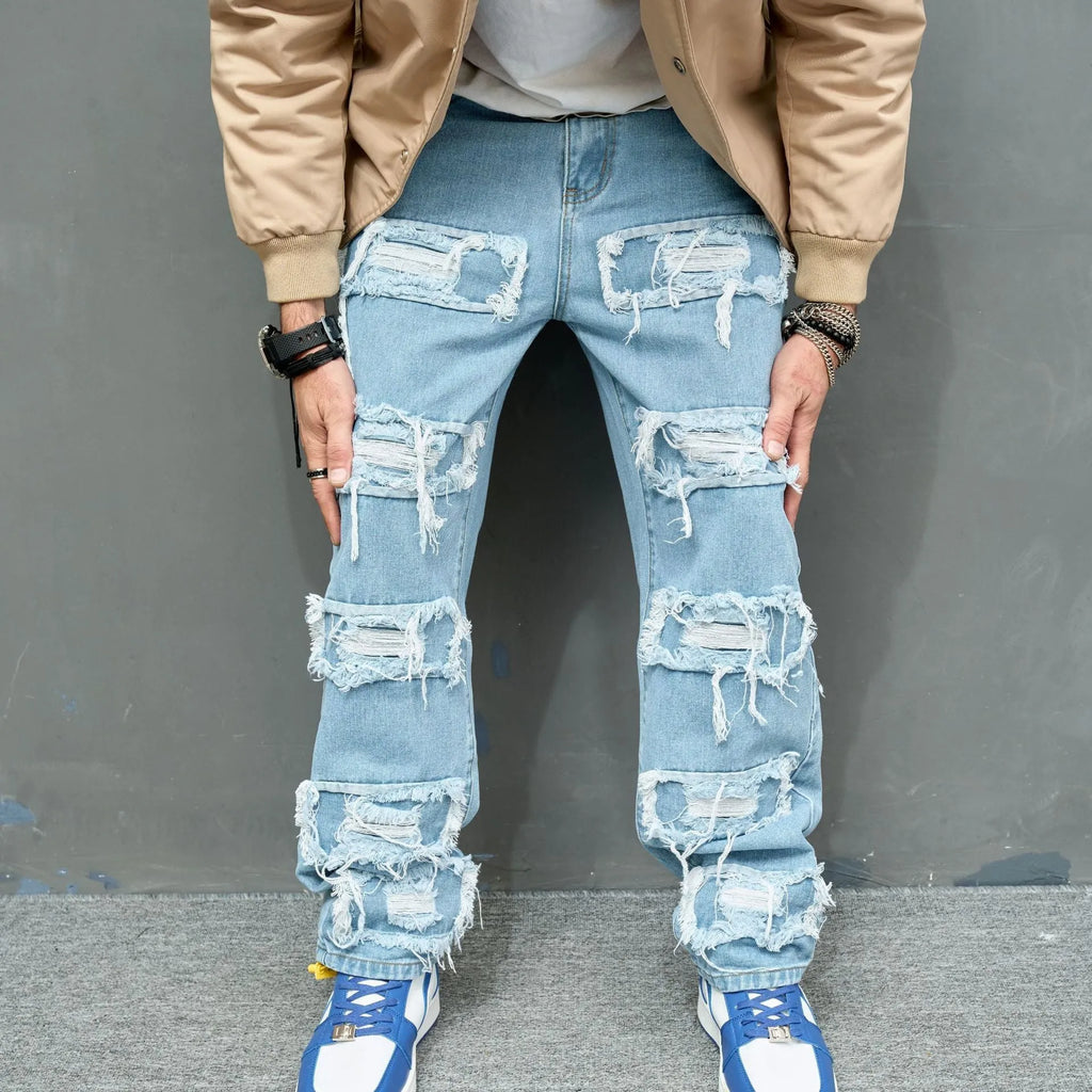 Men's worn stretch slim fit jeans in Denim Blue, cotton denim, mid waist, zipper fly, sizes 28-38