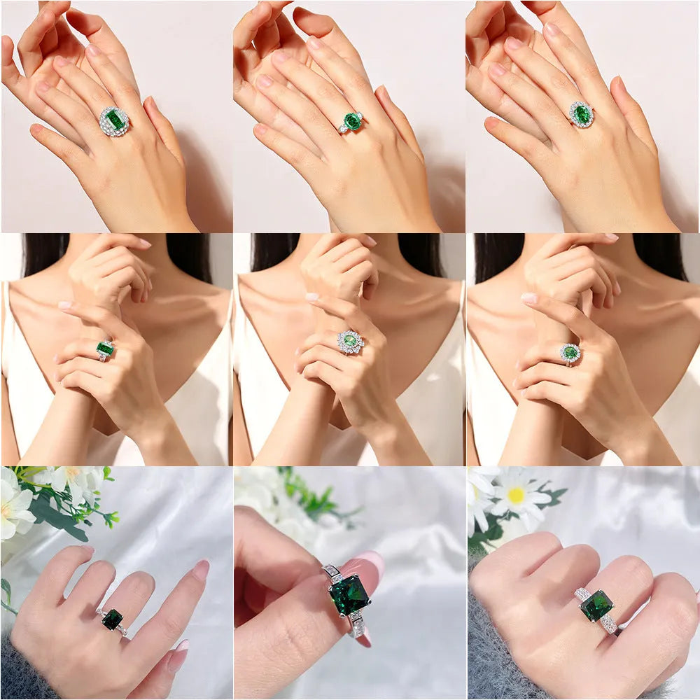 S925 sterling silver geometric ring with an inlaid emerald stone and high carbon diamond.