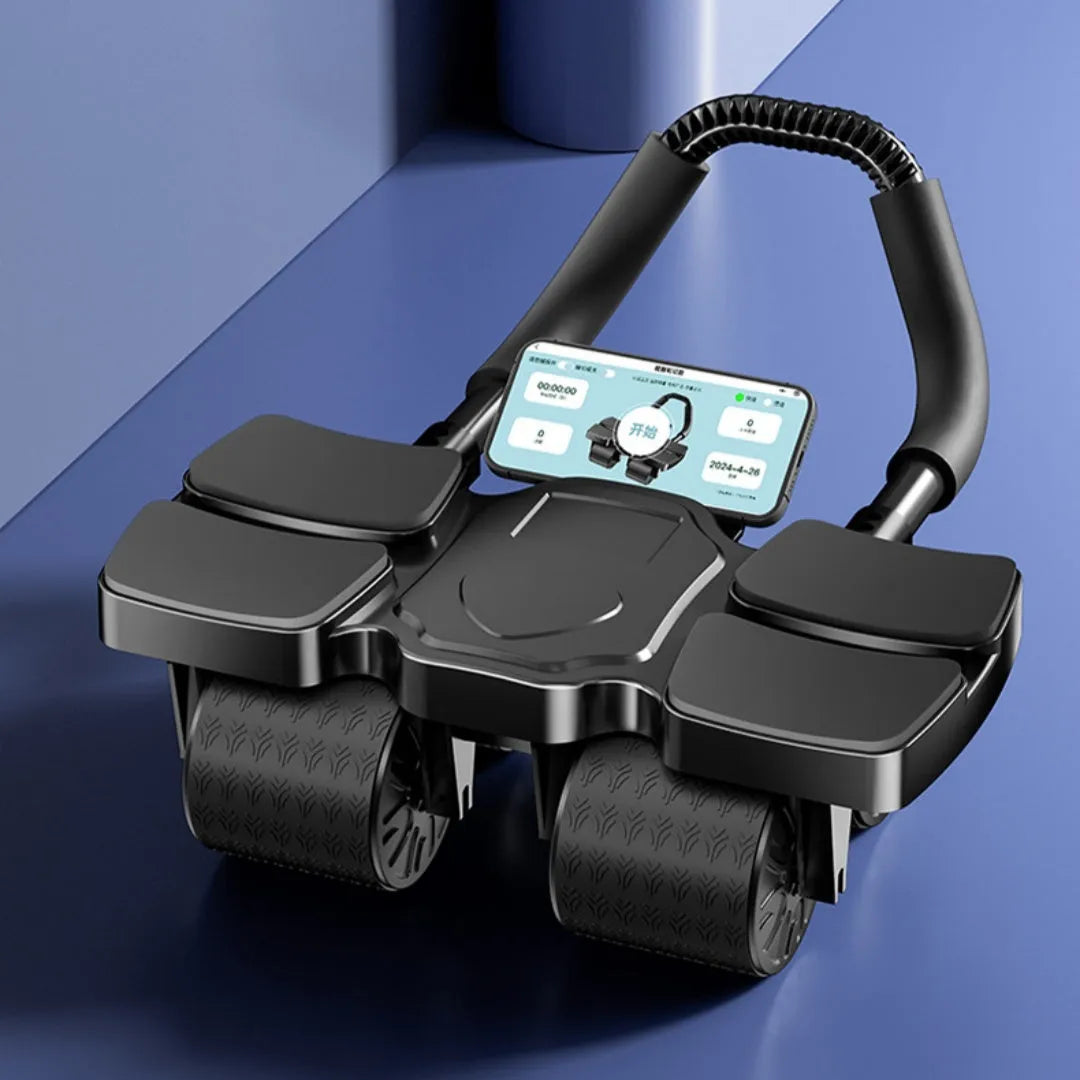 Black abdominal exercise wheel with four wheels and automatic rebound mechanism