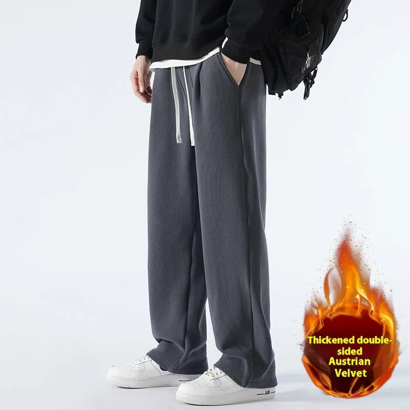 Men's apricot fleece-lined winter sports pants with drawstring waist and loose Korean-style fit