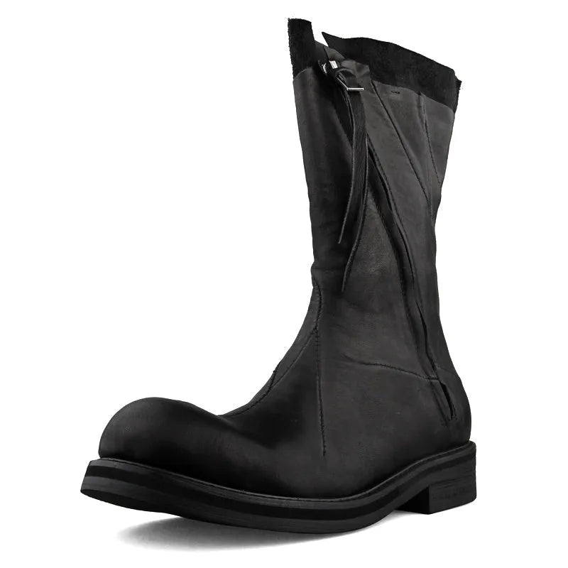 Black Japanese irregular deconstructed leather boots for men with high cylinder, round toe, thick bottom, and zipper closing.