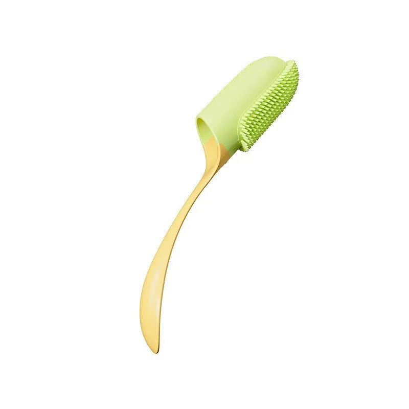 Dog toothbrush with plastic handle for dental calculus and tartar removal, available in pink, yellow, and white colours