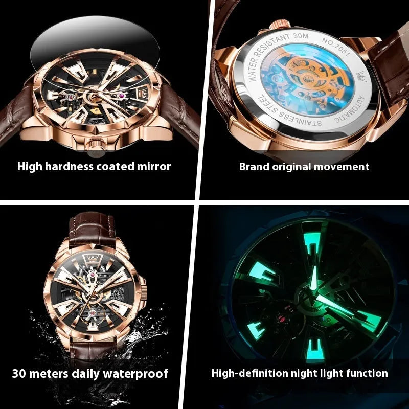 Men's automatic mechanical watch with hollow design, barrel-shaped dial, and genuine leather strap