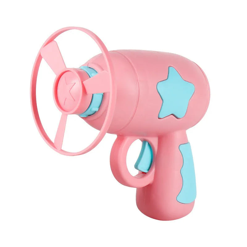 LED light-up flying saucer toy set with launcher gun, three glowing discs, and target board.