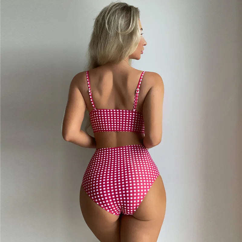 Women's high waist bikini swimsuit with plaid split design in four colour options