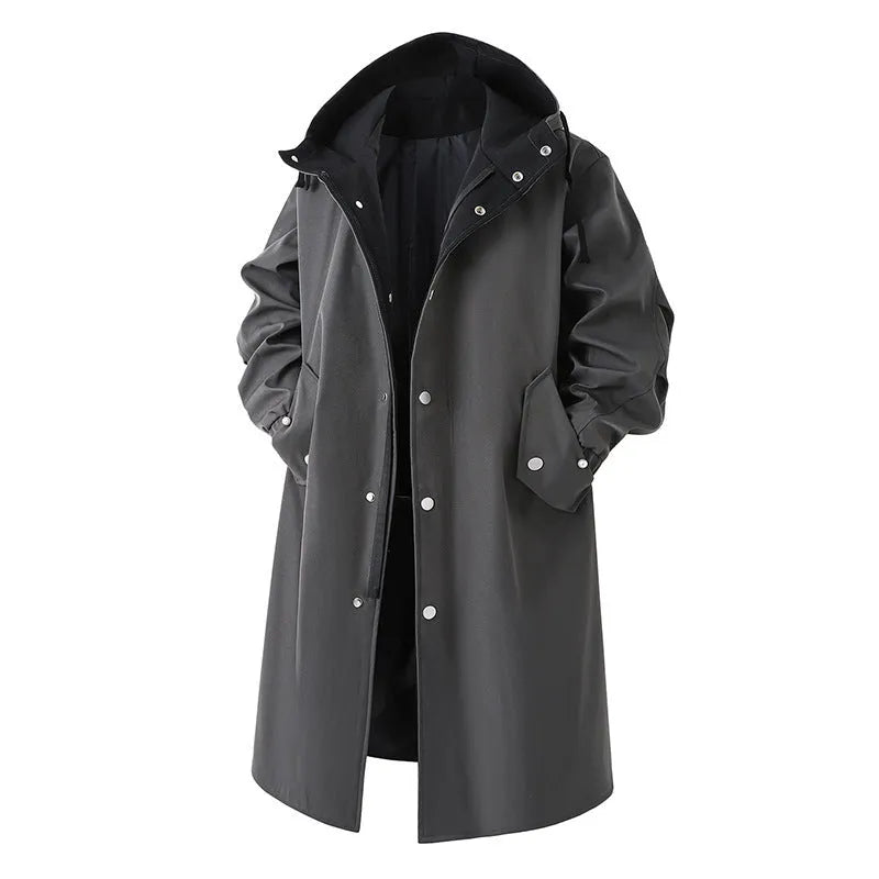 Men's hooded mid-length trench coat in black, dark grey or khaki, polyester, 65cm length, sizes M to 3XL