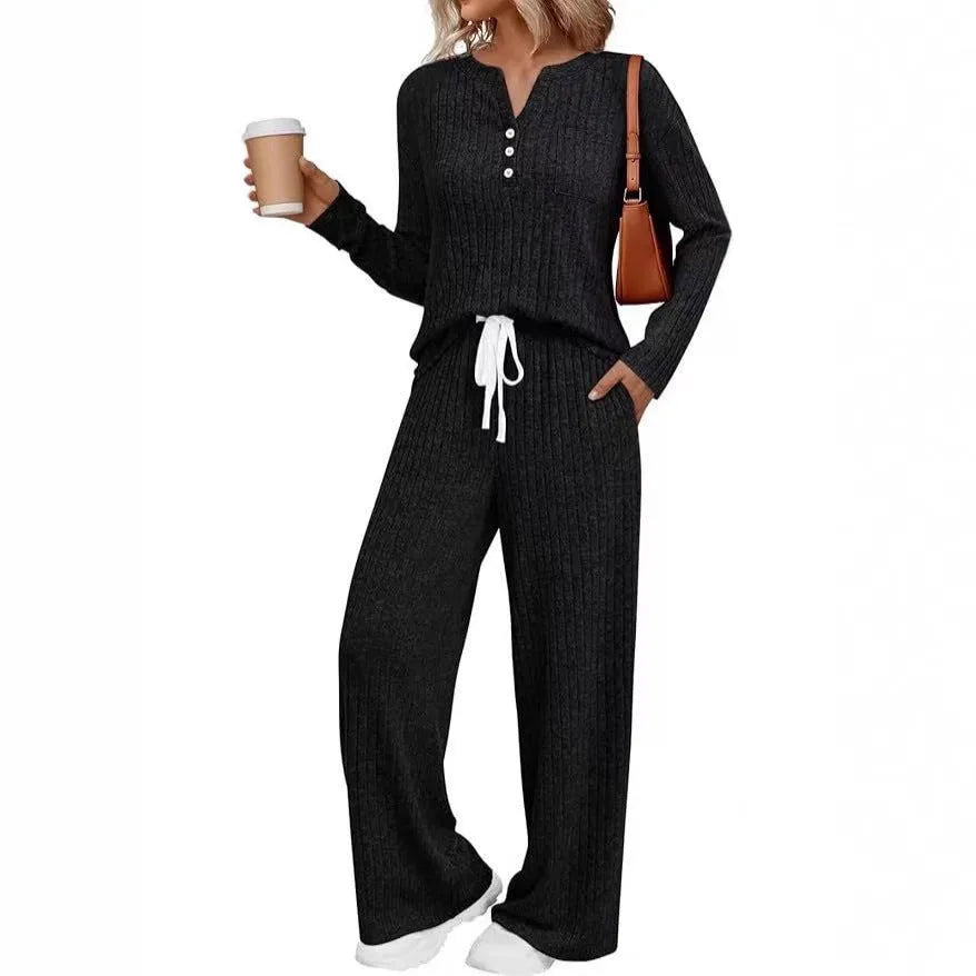 Women's striped V-neck knit casual coat with long sleeves and matching pants in light grey colour