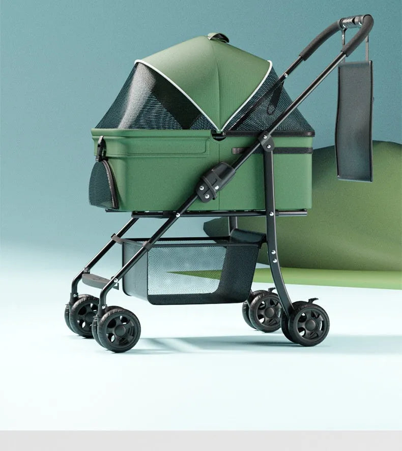 Black metal pet cart with removable wheels in folded position showing one-click folding mechanism