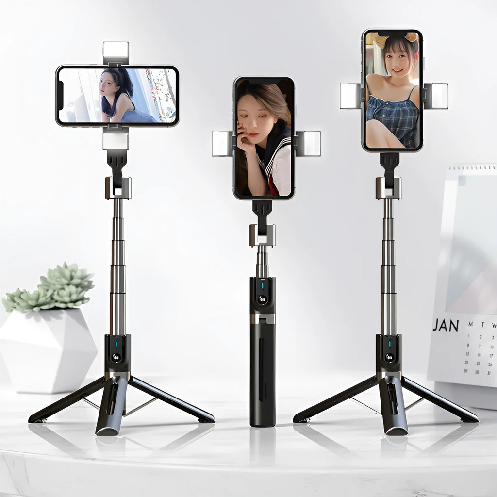 Bluetooth selfie stick with double fill light extended, aluminium alloy pipe, black finish, on a desktop
