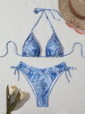 Women's denim print bikini set with adjustable straps in denim blue colour