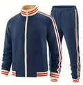 Men's khaki polyester turtleneck zip cardigan and trousers casual suit set on a hanger.